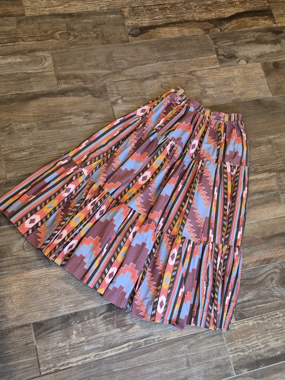 XXS-M Vtg Rockmount Ranch Wear Aztec Print Tiered Elastic Waist Midi Skirt - Picture 6 of 15